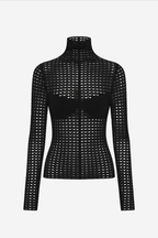 Black open-knit long sleeve turtleneck top with dotted grid front panel