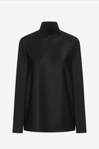 Black sheer silk blouse with high neck and long sleeves