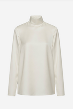 Winter-white sheer silk blouse with high mock neck and long sleeves