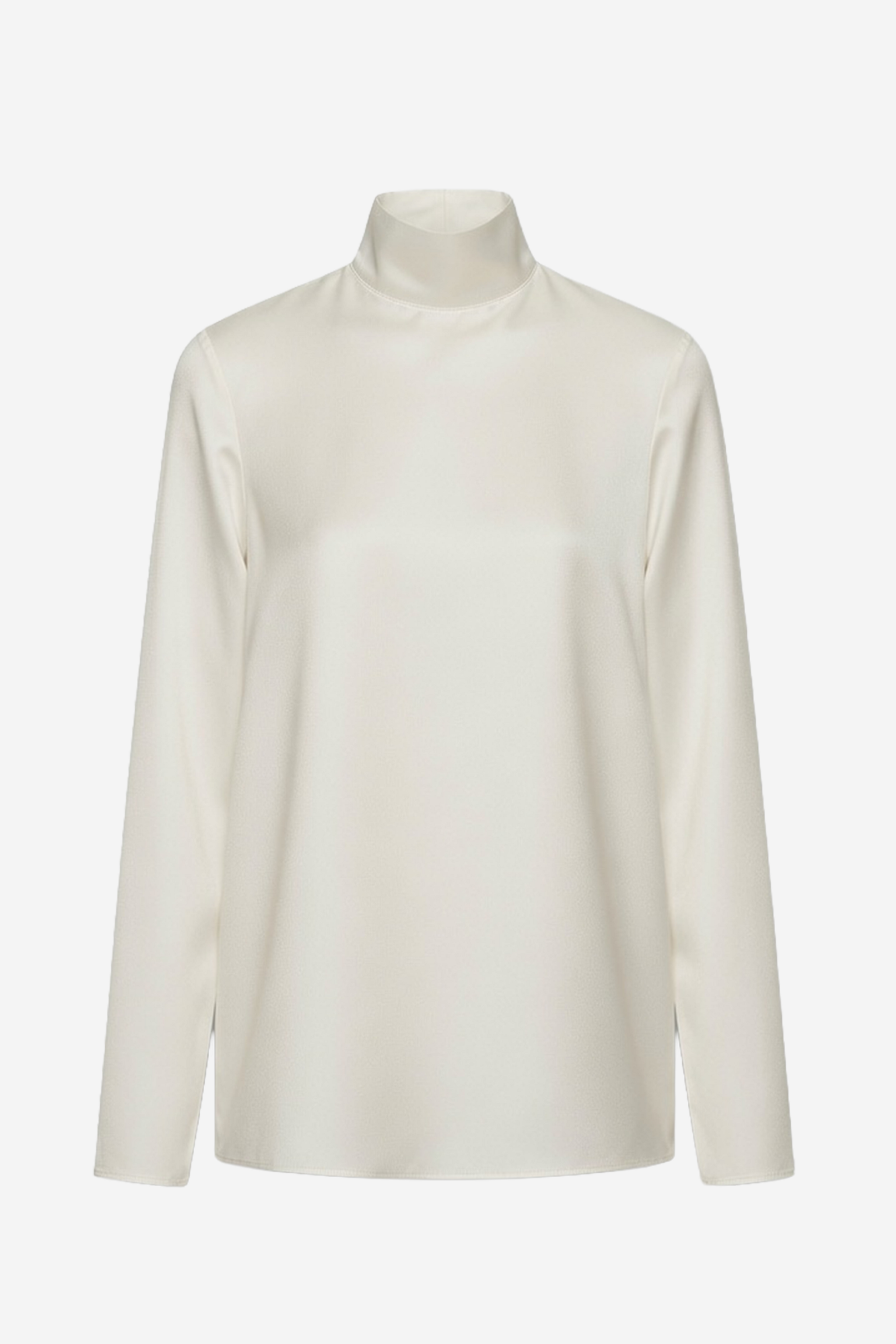 Winter-white sheer silk blouse with high mock neck and long sleeves