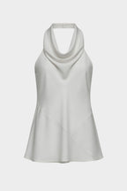 Ivory silk apron-style halter top, cowl neckline with draped front hem