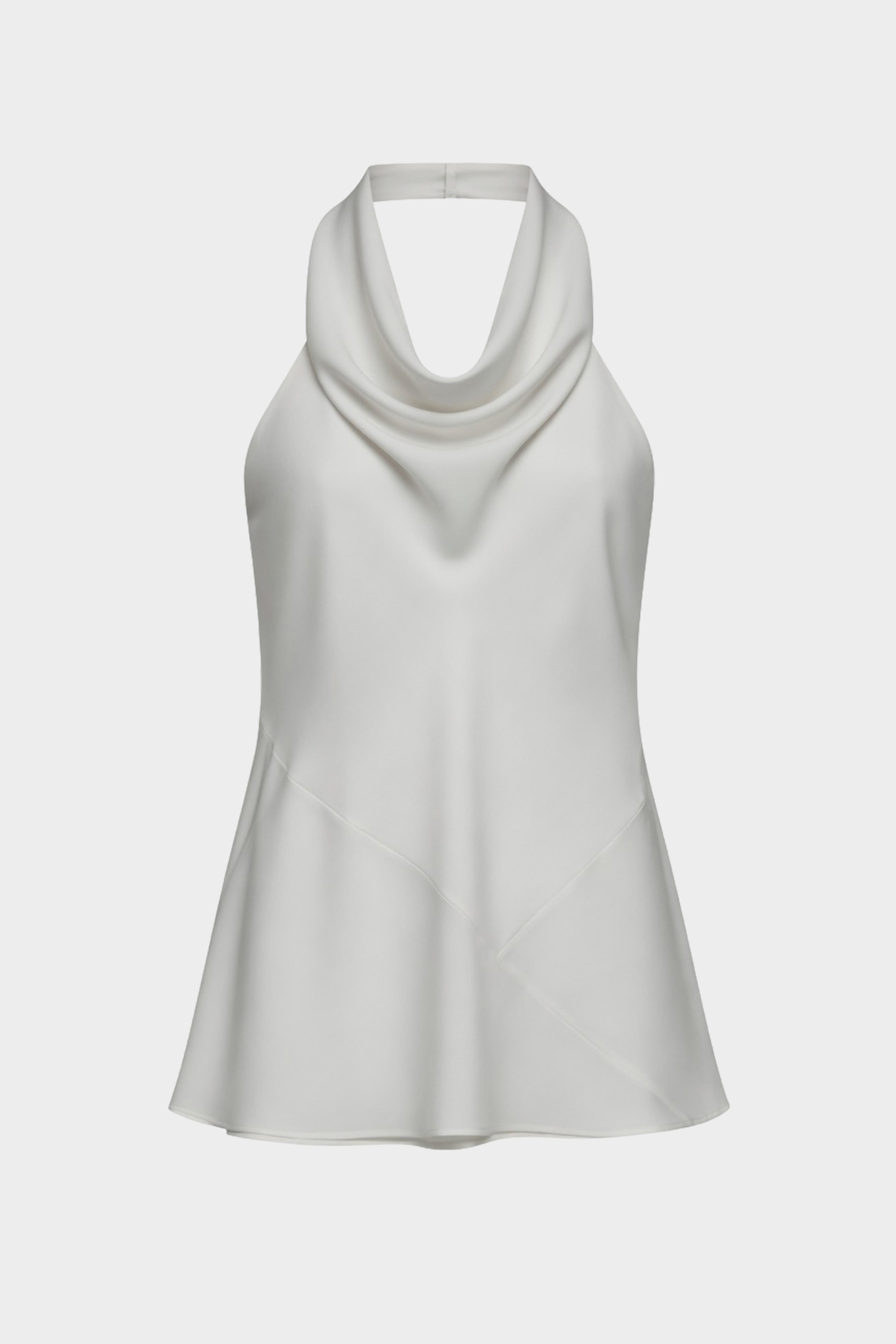 Ivory silk apron-style halter top, cowl neckline with draped front hem