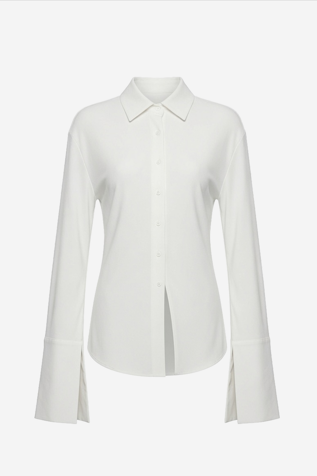 MILA ivory jersey button-up shirt front view with pointed collar and long sleeves