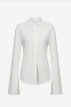 MILA ivory jersey button-up shirt front view with pointed collar and long sleeves