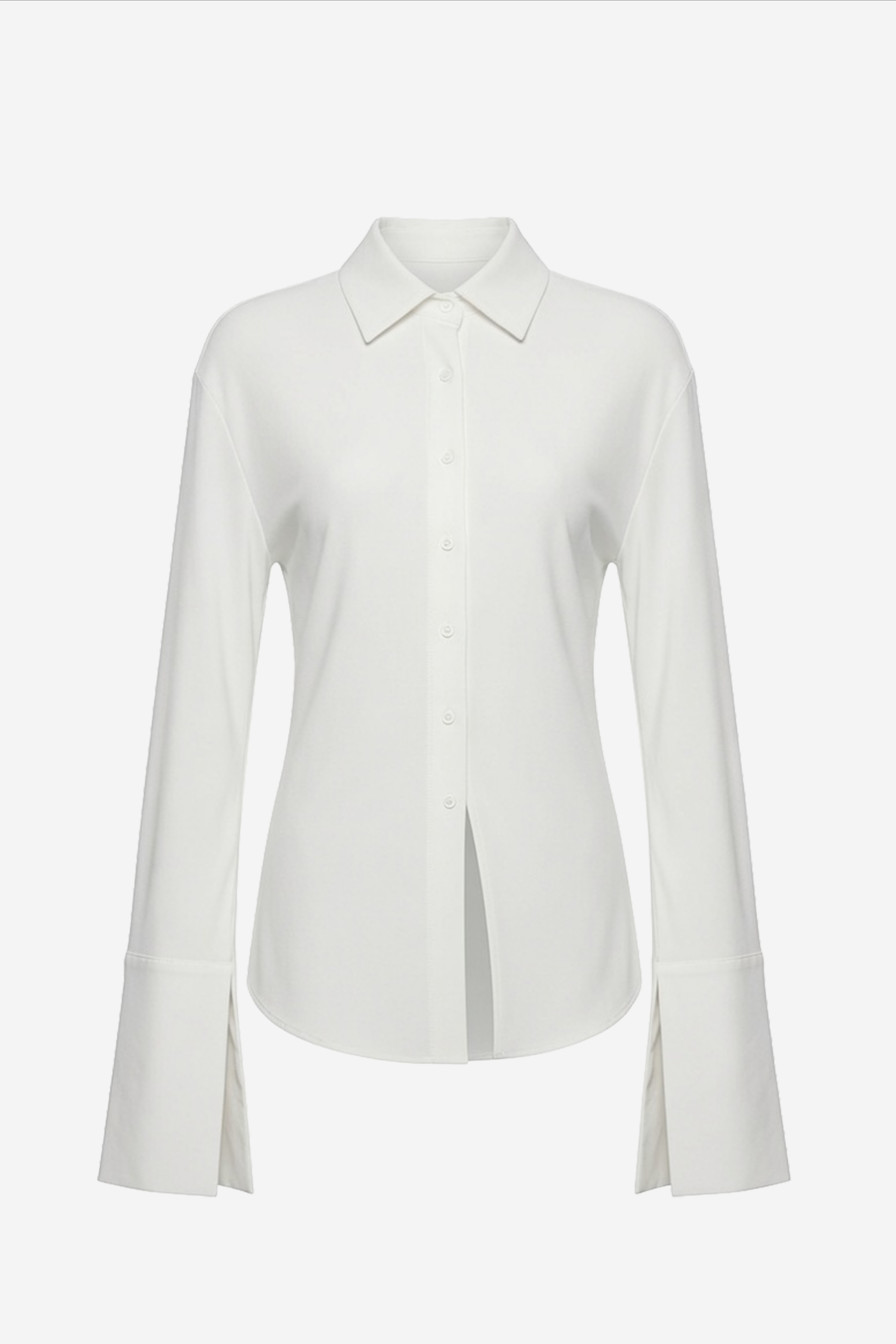 MILA ivory jersey button-up shirt front view with pointed collar and long sleeves