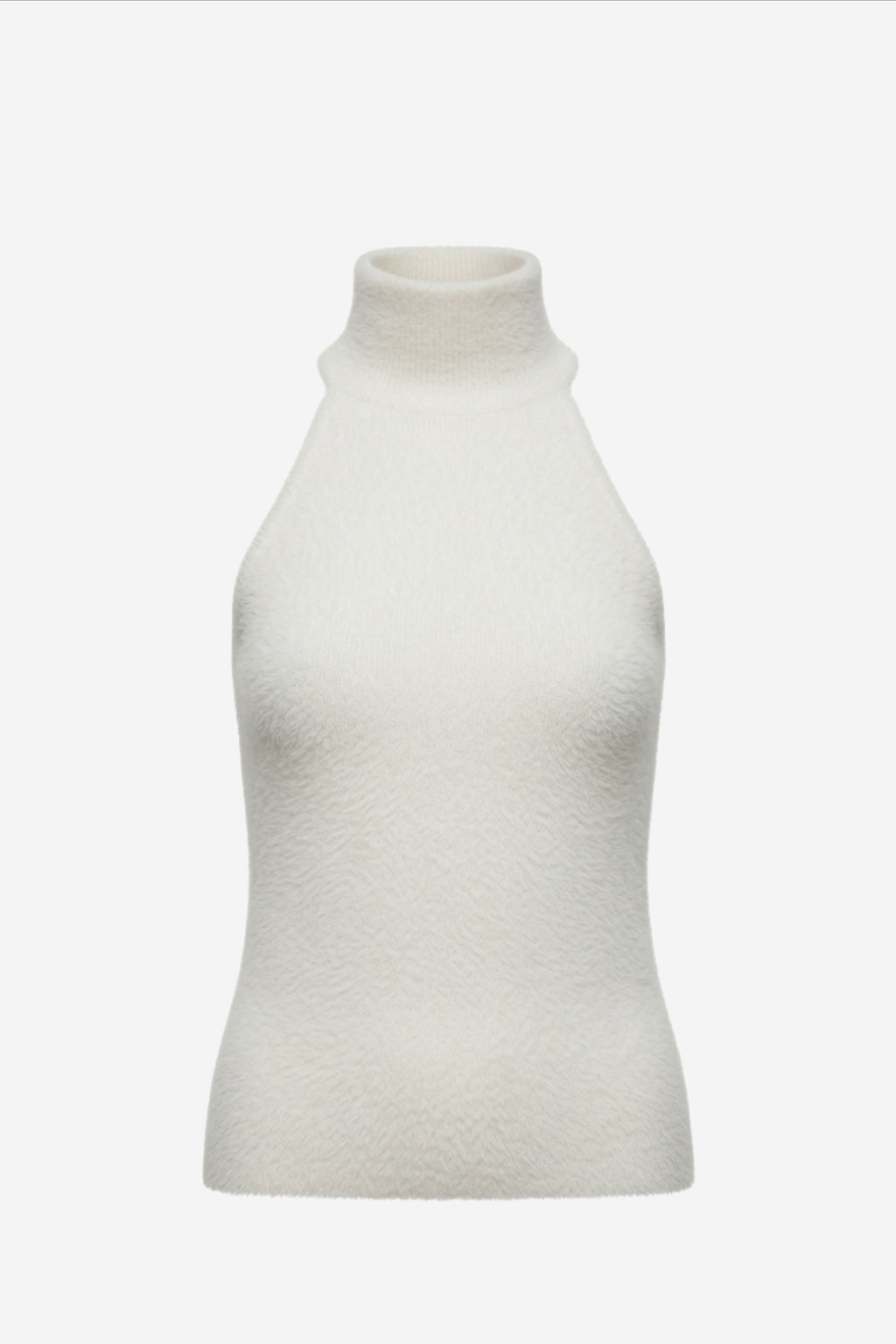 Off-white brushed cashmere halter top, sleeveless high mock neck