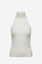 Off-white brushed cashmere halter top, sleeveless high mock neck
