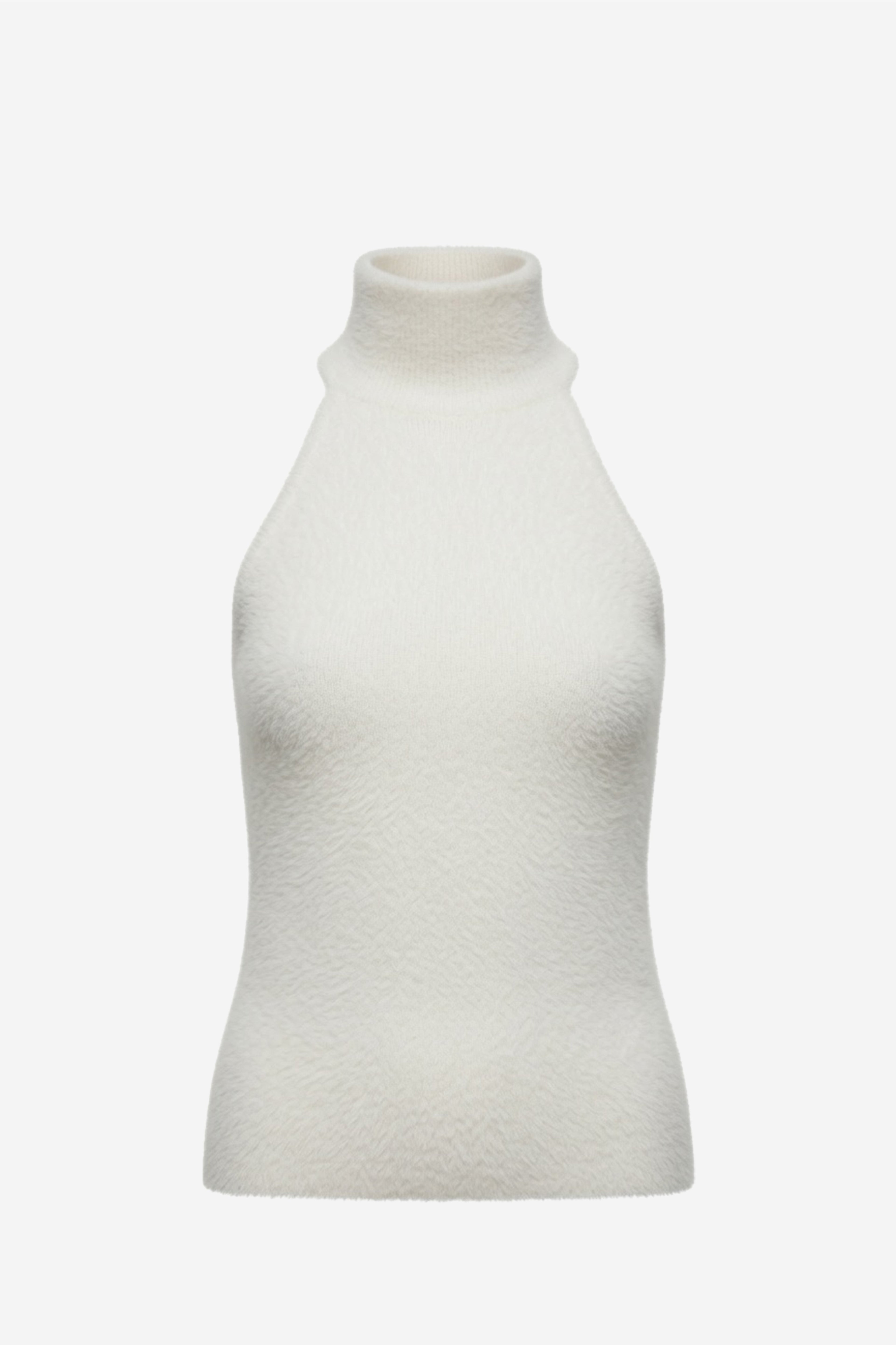 Off-white brushed cashmere halter top, sleeveless high mock neck
