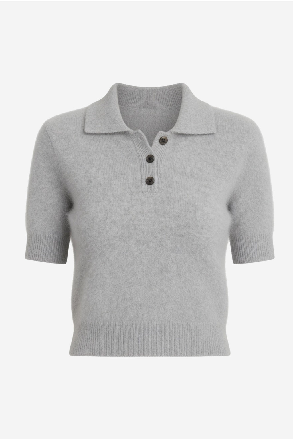 Light grey brushed cashmere polo knit, collared neckline with button placket
