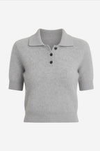 Light grey brushed cashmere polo knit, collared neckline with button placket
