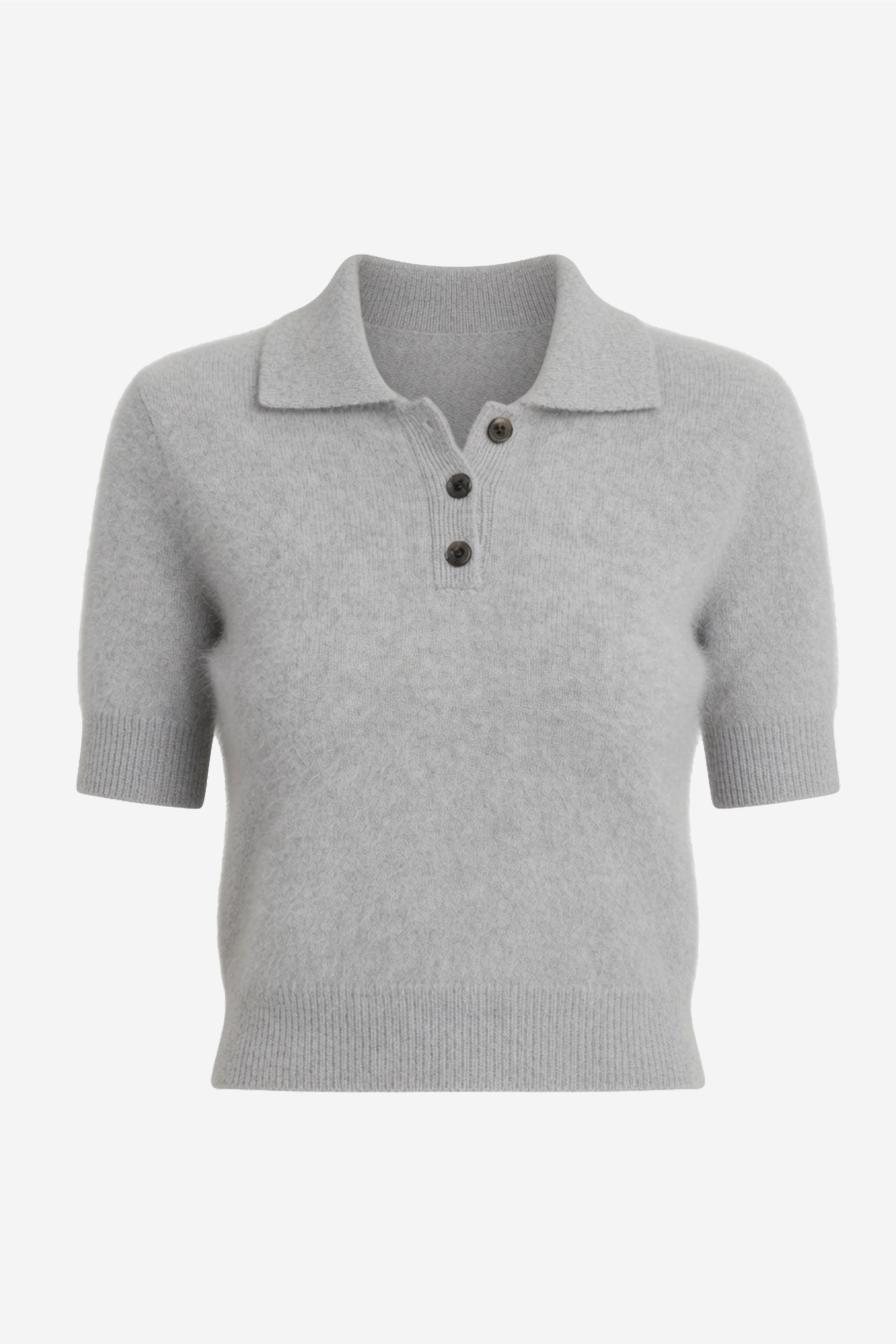 Light grey brushed cashmere polo knit, collared neckline with button placket