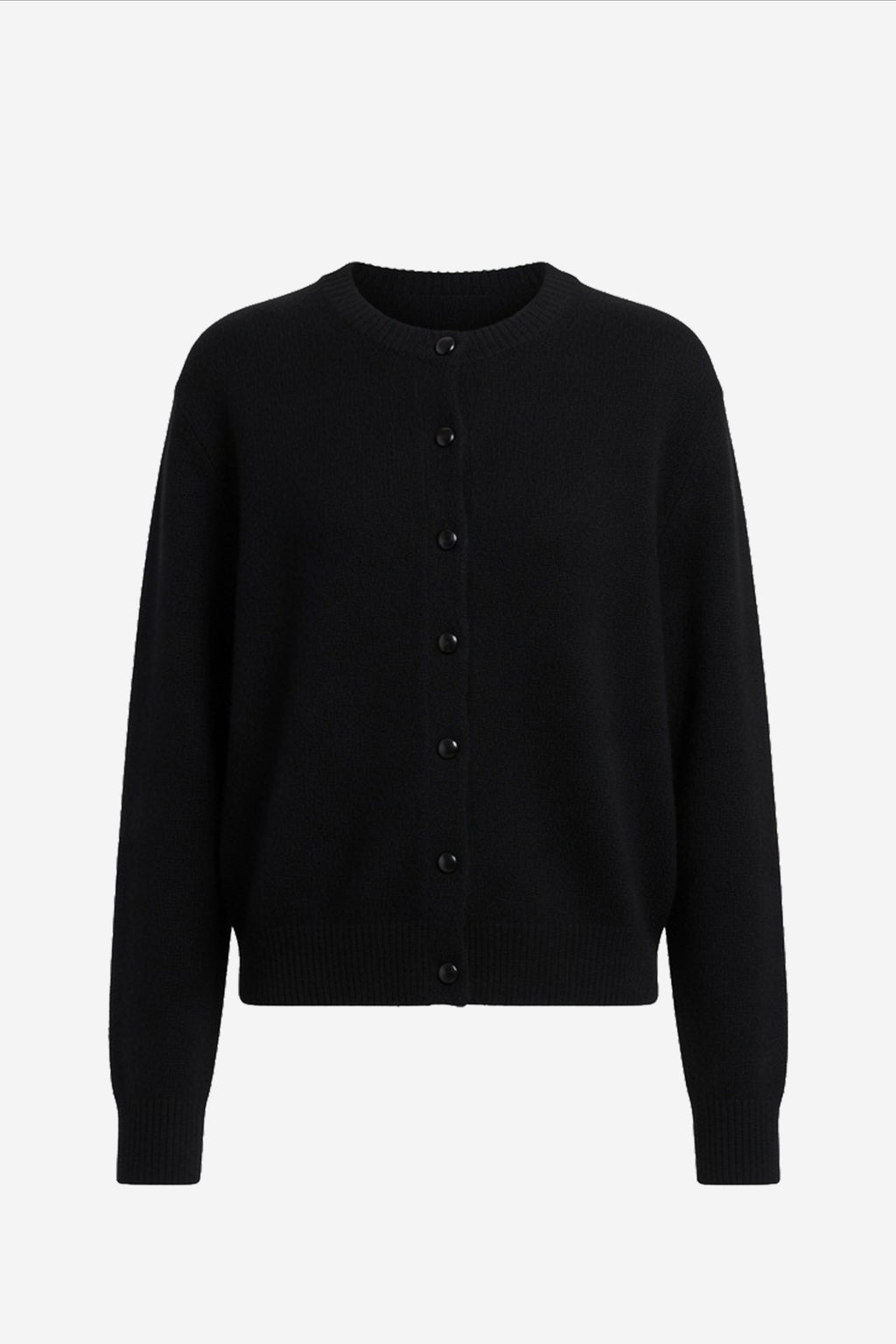 Black cardigan sweater with button placket and crew neckline, knit texture