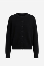 Black cardigan sweater with button placket and crew neckline, knit texture