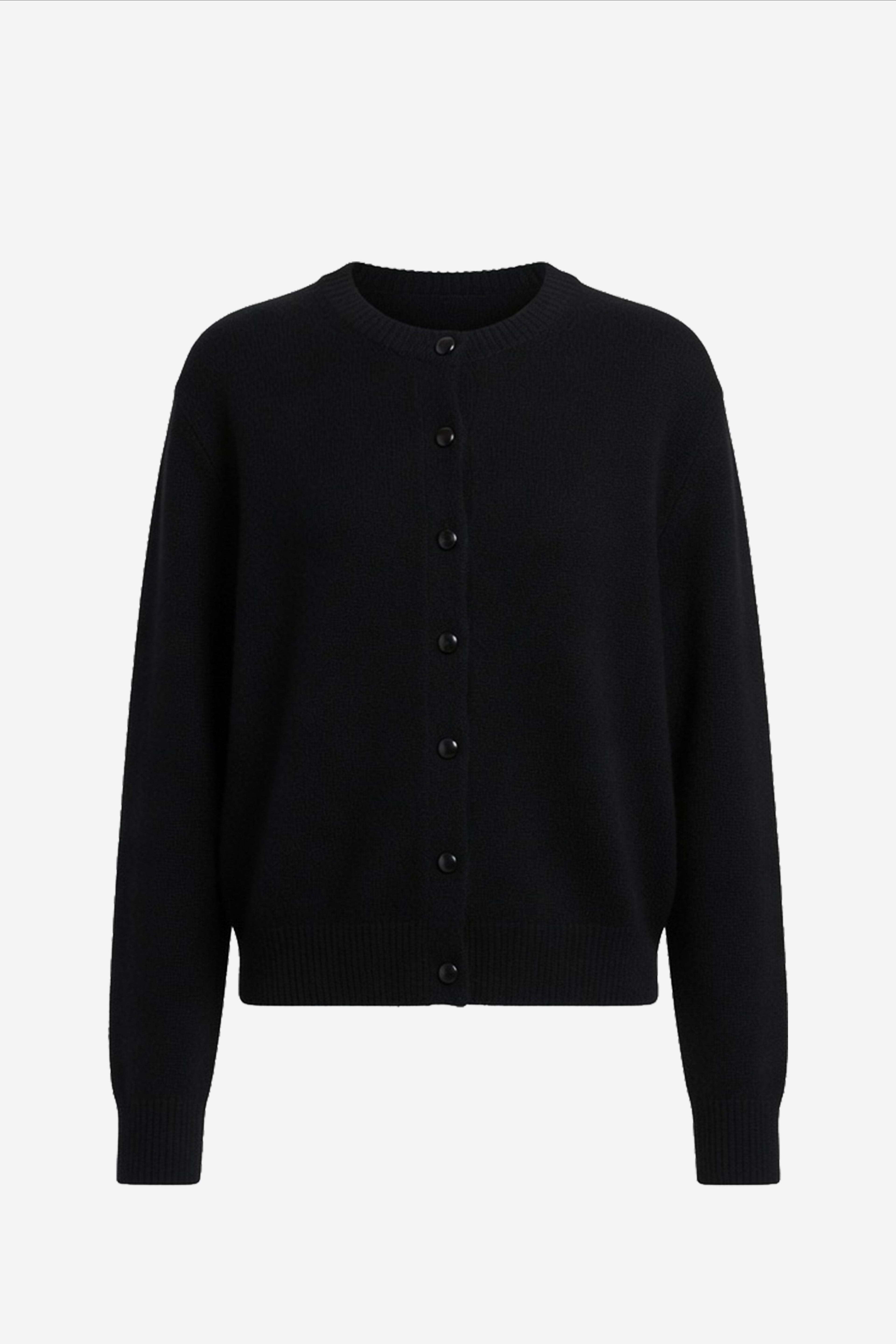 Black cardigan sweater with button placket and crew neckline, knit texture