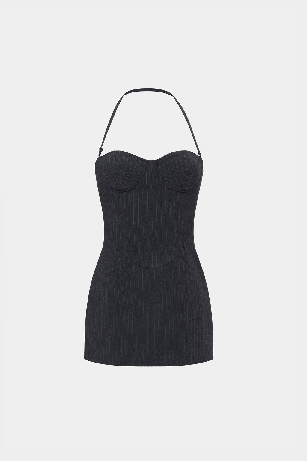 Black pinstripe camisole top with spaghetti straps and structured bust cups