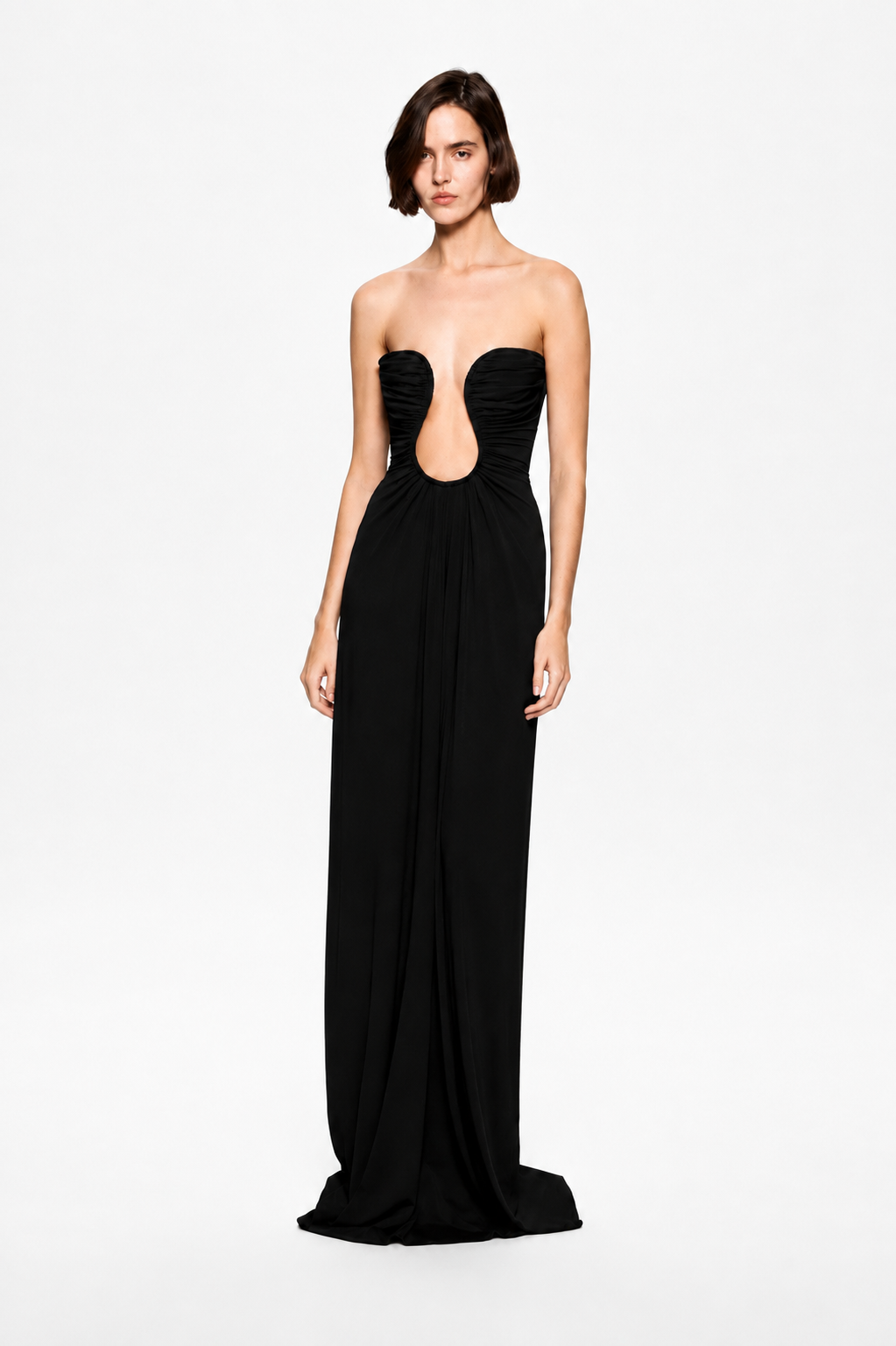 Black strapless jersey maxi dress with sweetheart neckline and oval bust cutout