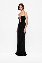 Black strapless jersey maxi dress with oval bust cutout and draped waist ruching