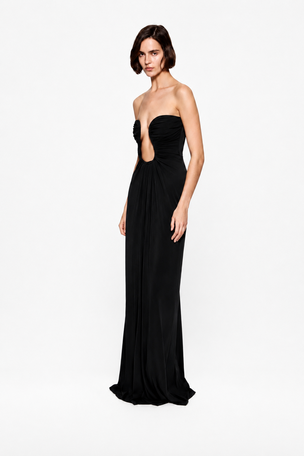 Black strapless jersey maxi dress with oval bust cutout and draped waist ruching