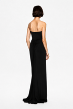Black strapless jersey maxi dress, back view with open back and cinched waist
