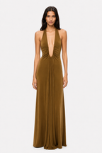 Olive green sleeveless maxi dress with deep V front and vertical pleated drape