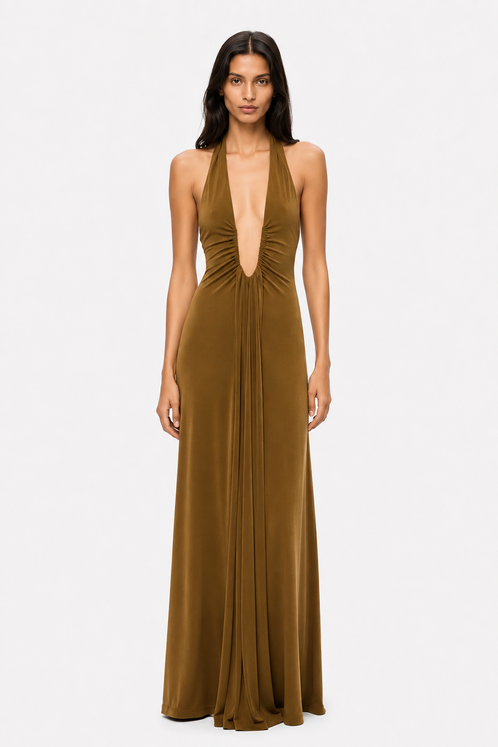 Olive green sleeveless maxi dress with deep V front and vertical pleated drape