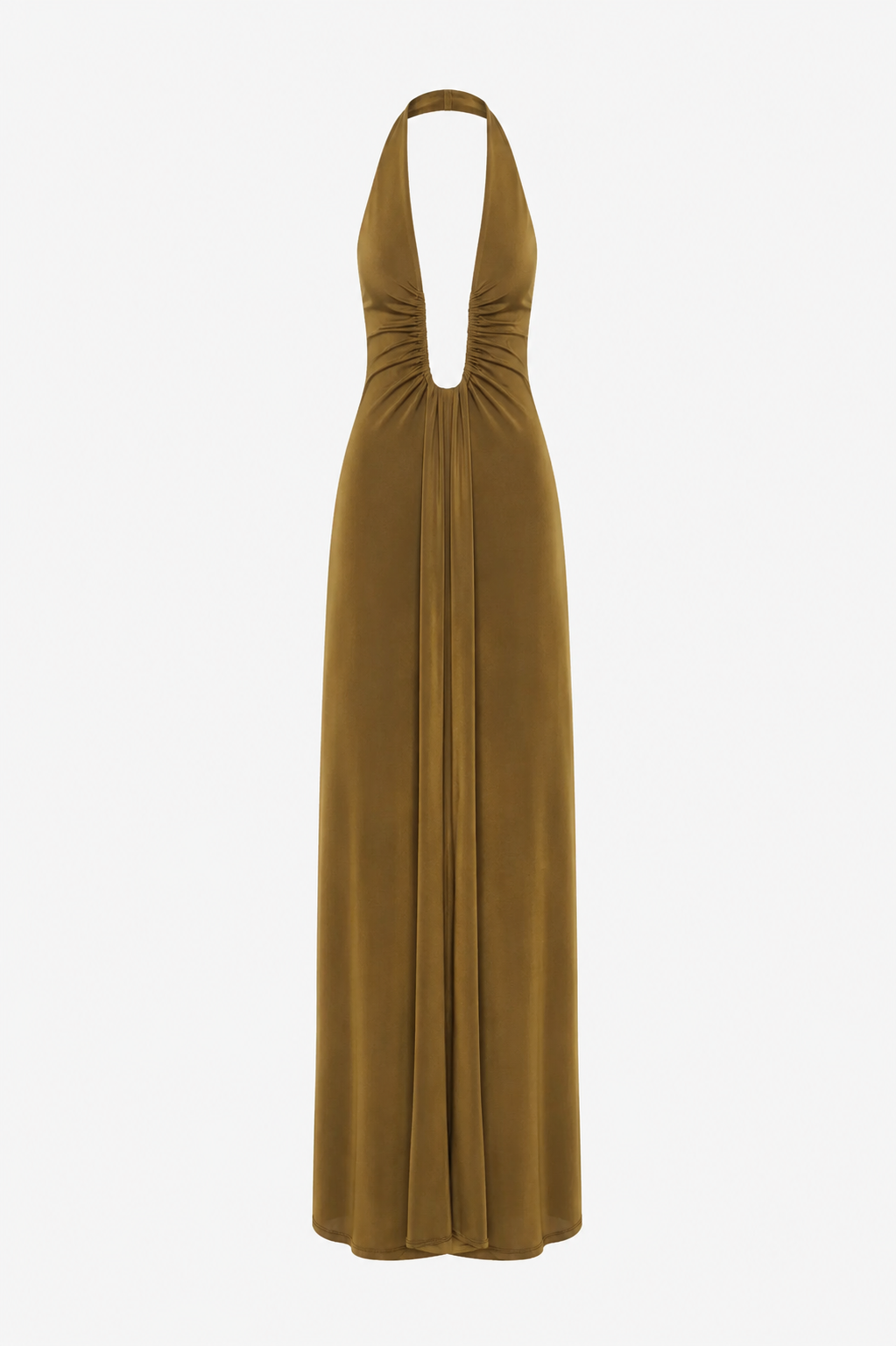 Olive green backless maxi dress with halter straps, keyhole back, draped skirt