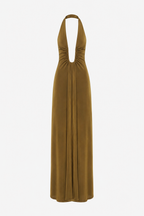Olive green backless maxi dress with halter straps, keyhole back, draped skirt
