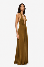 Olive green sleeveless dress with deep V neckline, ruched bodice, long column skirt