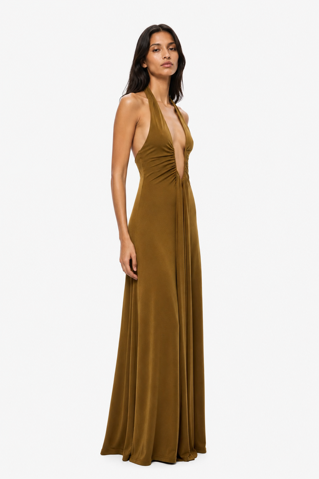 Olive green sleeveless dress with deep V neckline, ruched bodice, long column skirt