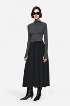 Women's merino A-line midi skirt in dark charcoal, high rise, flared hem