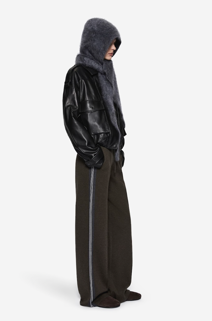 Merino knit pants in dark hunter green with blue side stripe, relaxed wide-leg fit