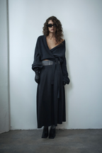 Dark charcoal wrap cardigan with V-neck, long sleeves, and self-tie waist belt.