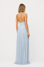Light blue jersey maxi dress with deep V-back and gathered pleated skirt