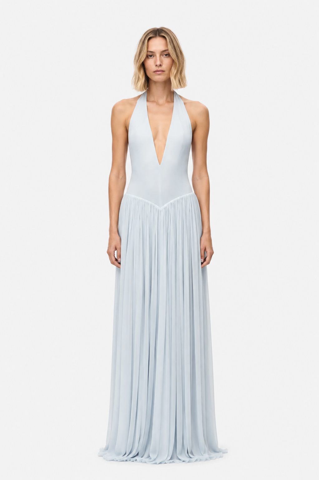 Light blue sleeveless jersey maxi dress with deep V neckline and pleated skirt