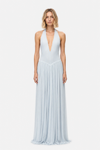 Light blue sleeveless jersey maxi dress with deep V neckline and pleated skirt