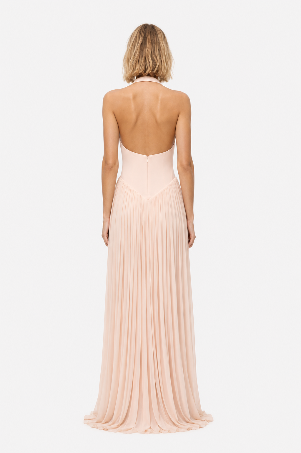 Soft pink sleeveless jersey maxi dress with back V detail and pleated gathered skirt