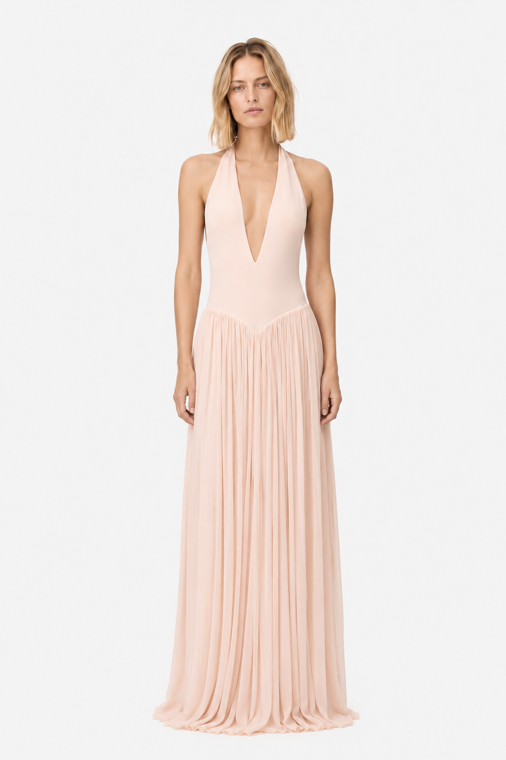 Soft pink sleeveless jersey maxi dress with deep V neckline and pleated gathered skirt