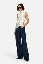 Winter white sleeveless silk top with draped cowl neck