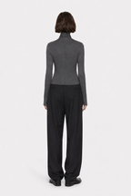 Dark charcoal TENCEL long-sleeve twist top, back view with gathered high neck.