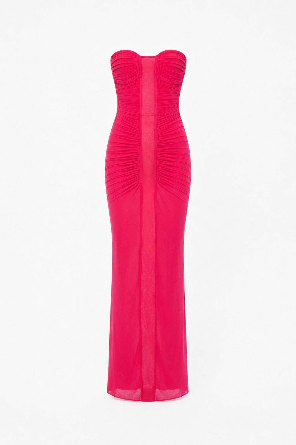 Cerise strapless ruched stocking-jersey midi dress with vertical center seam