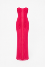 Cerise strapless ruched stocking-jersey midi dress with vertical center seam