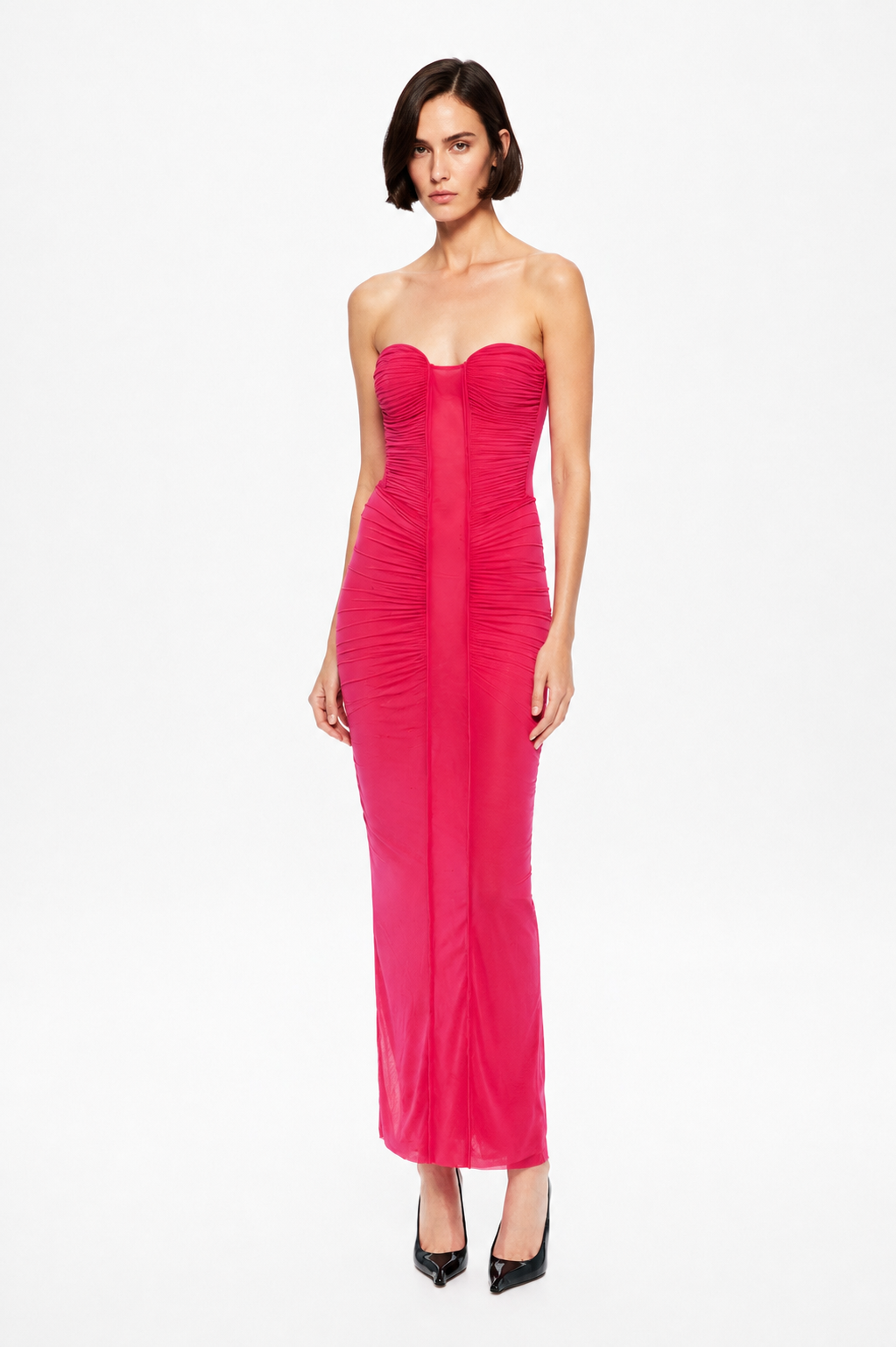 THE TOTEM cerise stocking-jersey midi dress, strapless, ruched, side slit