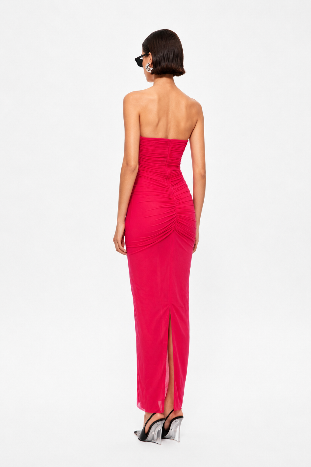 THE TOTEM cerise strapless ruched midi dress, open back with center seam and slit