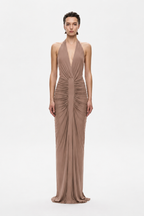 Mocha cupro gathered dress with deep V neckline and ruched waist, sleeveless