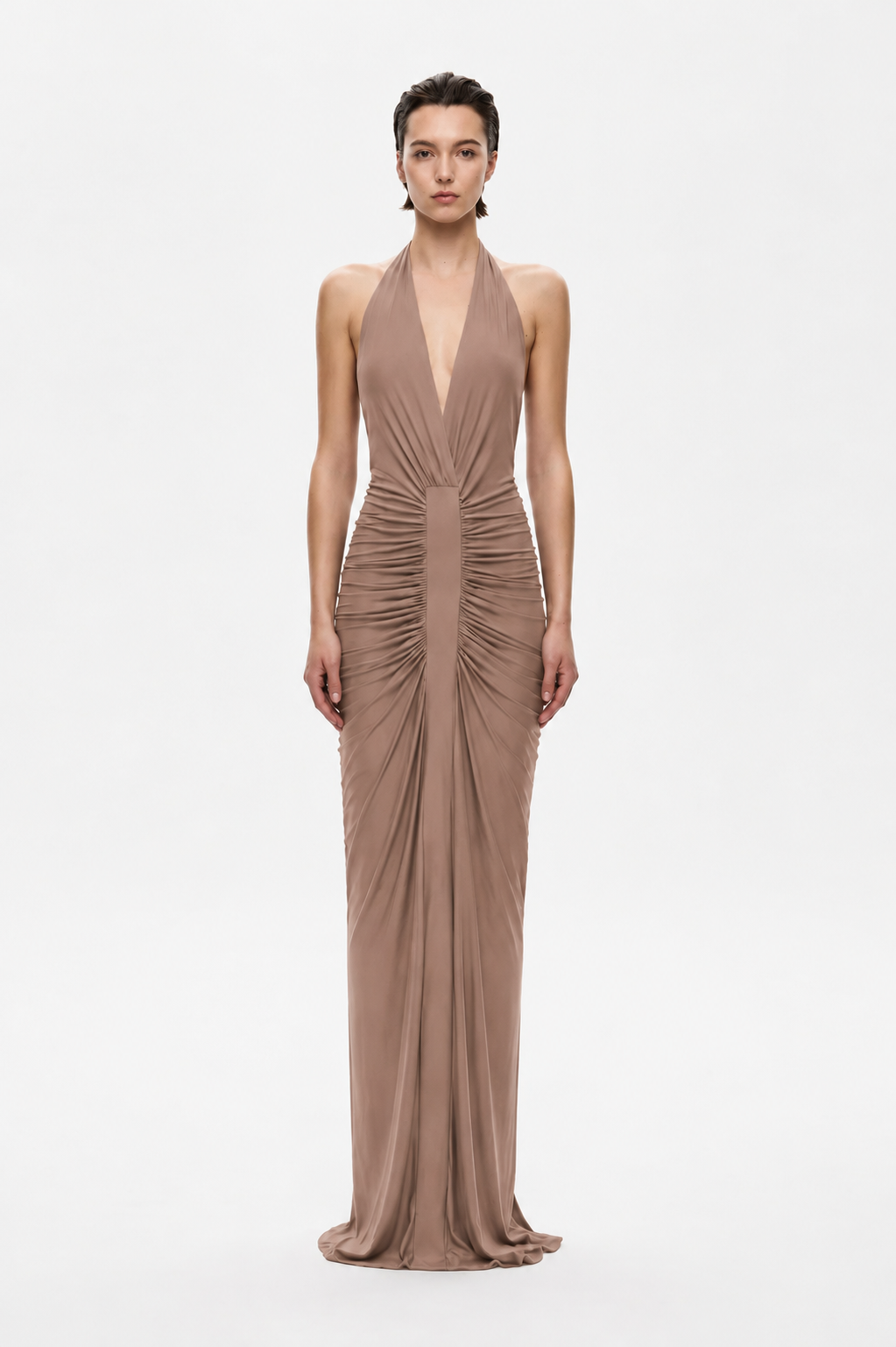 Mocha cupro gathered dress with deep V neckline and ruched waist, sleeveless