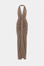 Mocha cupro halter gathered dress with back cutout and vertical draped ruching