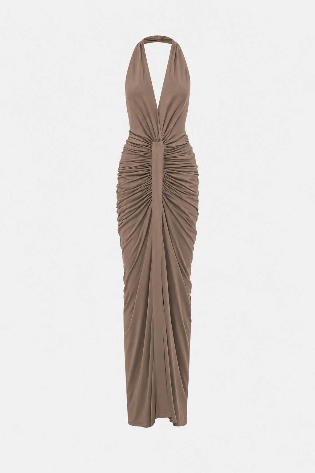 Mocha cupro halter gathered dress with back cutout and vertical draped ruching
