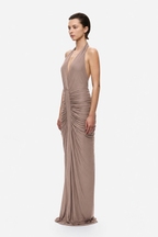 Mocha cupro gathered maxi dress, sleeveless with side draped ruching and backless