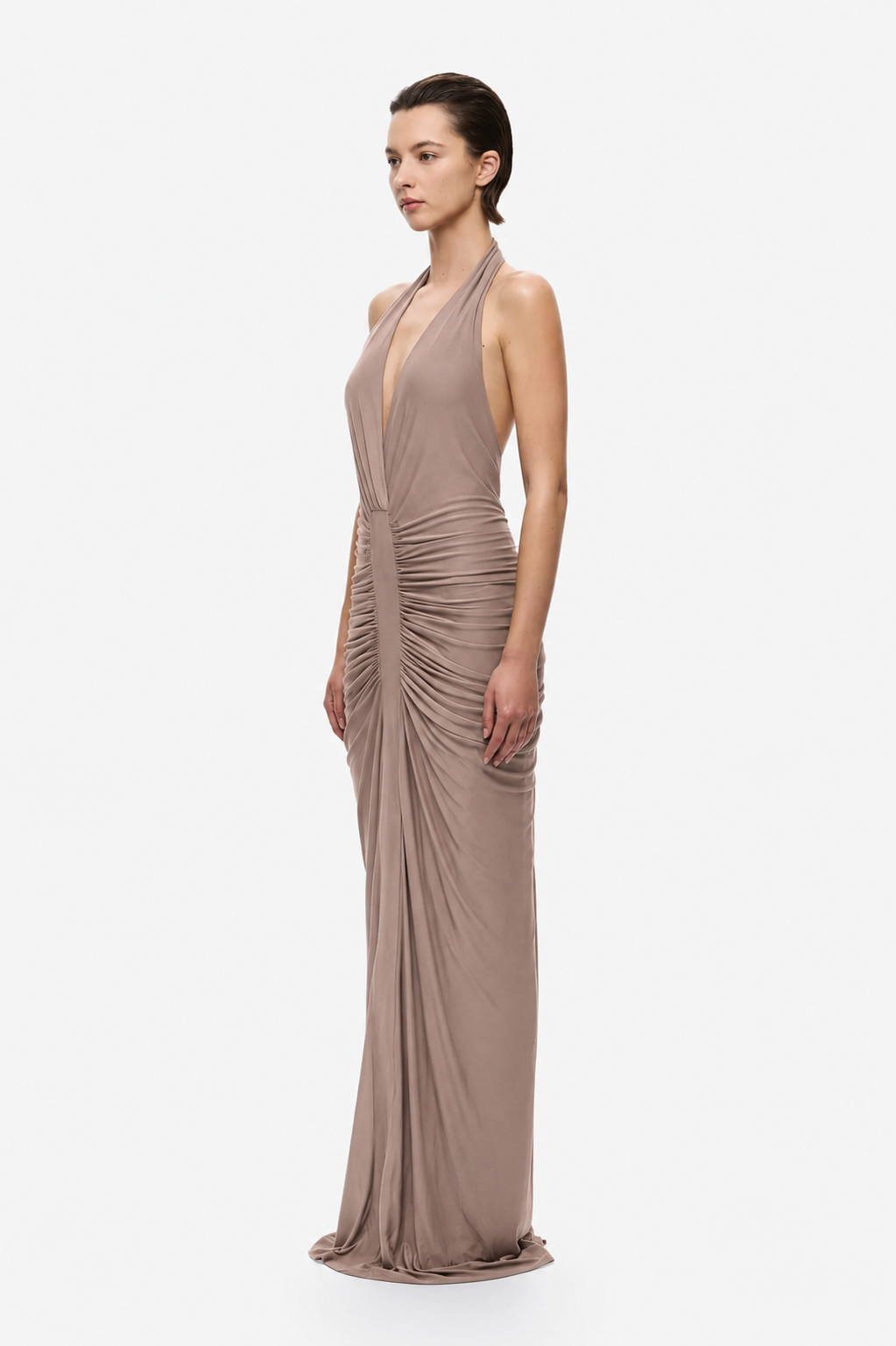 Mocha cupro gathered maxi dress, sleeveless with side draped ruching and backless
