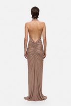 Mocha cupro gathered maxi dress with open back V and central ruched panel